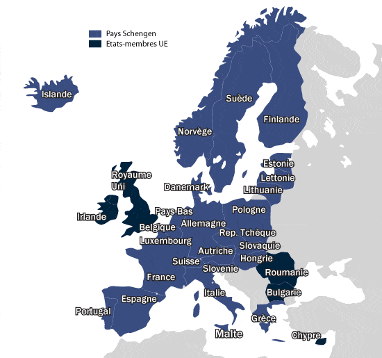 Carte des pays schengen