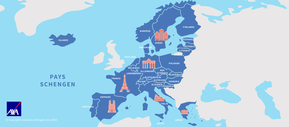 Carte des 27 pays Schengen