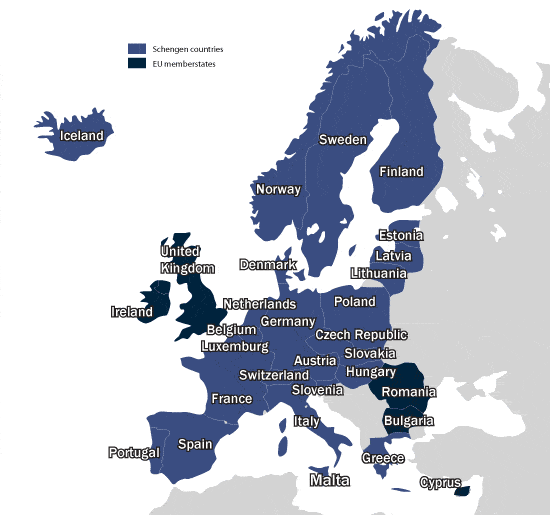 Map of Schengen countries